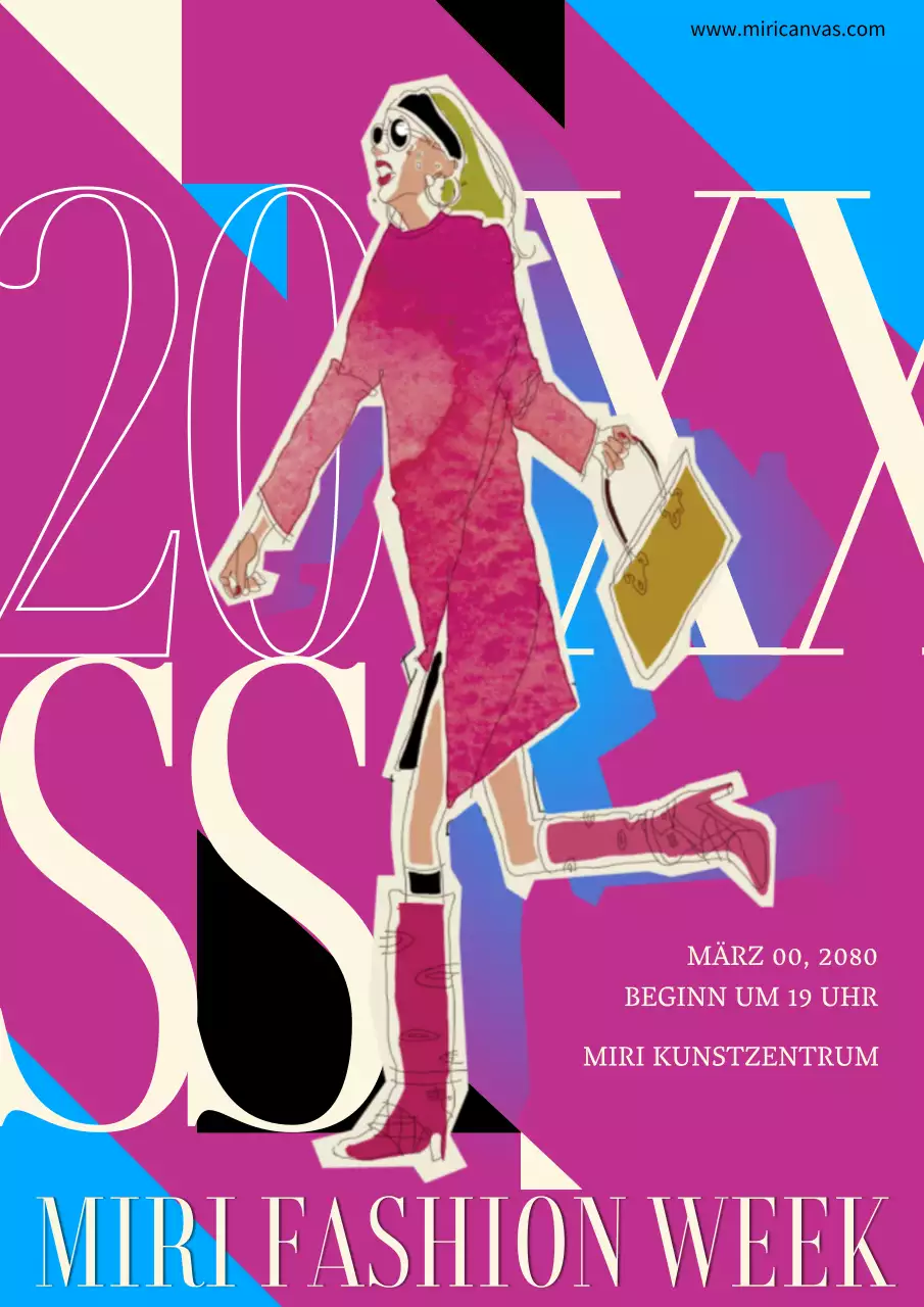 Werbung für die Fashion Week mit Modeillustrationen in Magenta und Hellblau