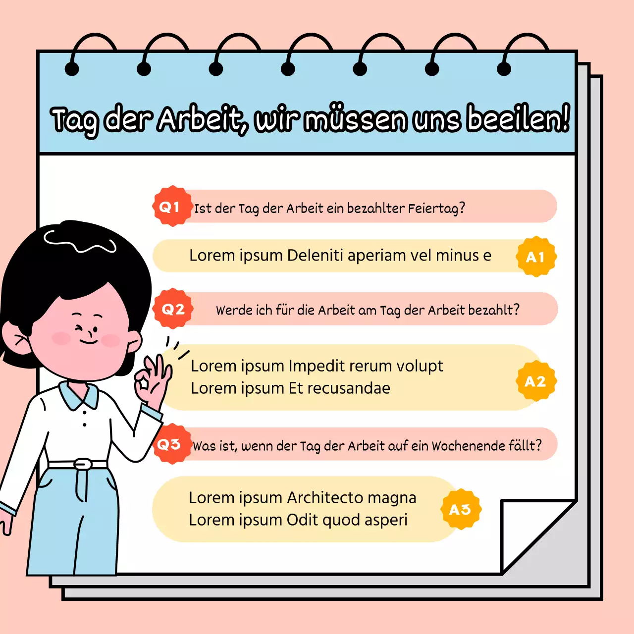 Lernen Sie mit einer pastellfarbenen, quirligen weiblichen Figur Wissenswertes über die Feiertage