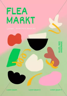 Flohmarkt-Werbematerial mit einem nordischen Konzept in Rosa und Lindgrün.