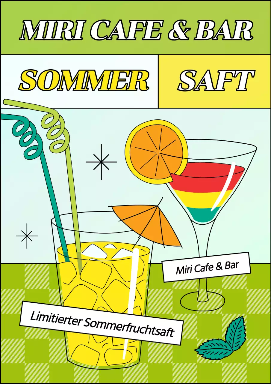 Einführung des saisonalen Sommersaftes mit einem lustigen Illustrationskonzept in Chartreuse und Gelb