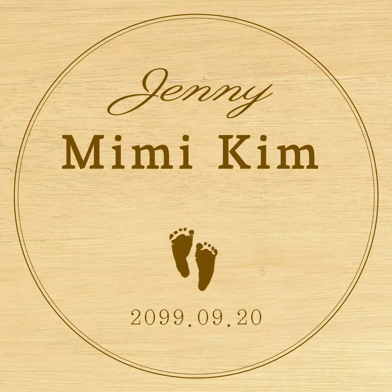 Eine einfache Holztafel mit Text und Illustrationen zur Feier des ersten Geburtstags Ihres Babys.