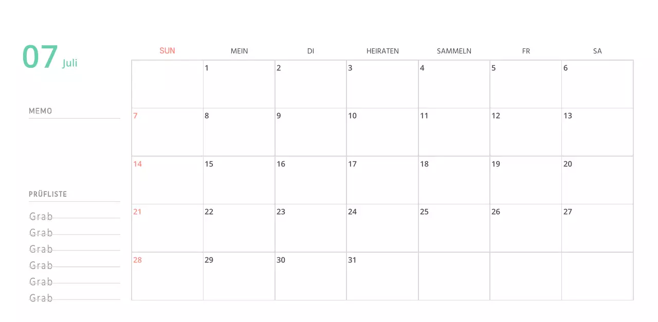 Niedlich illustrierter grüner Tischkalender mit Familienthemen