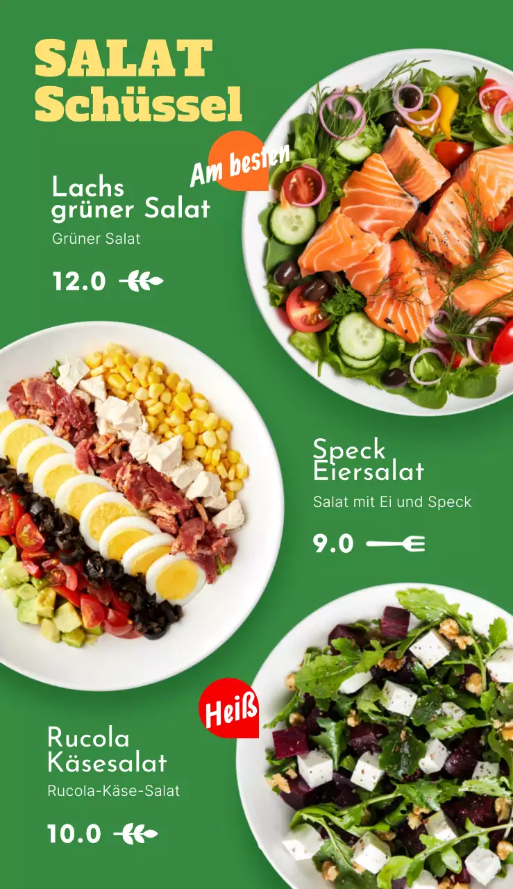 Frischer Salat Menü Beschilderung mit orange grün gelben Salatschüssel menübezogene Text und Logo Illustration
