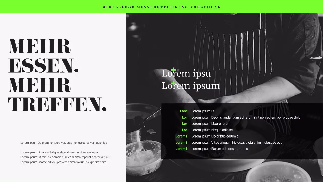 Moderner Vorschlag für eine Lebensmittelmesse in Schwarz und Chartreuse