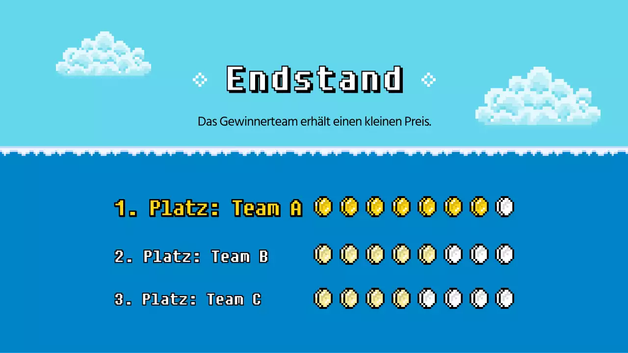 Workshop-Quizspiel mit blau-gelber Pixel-Optik