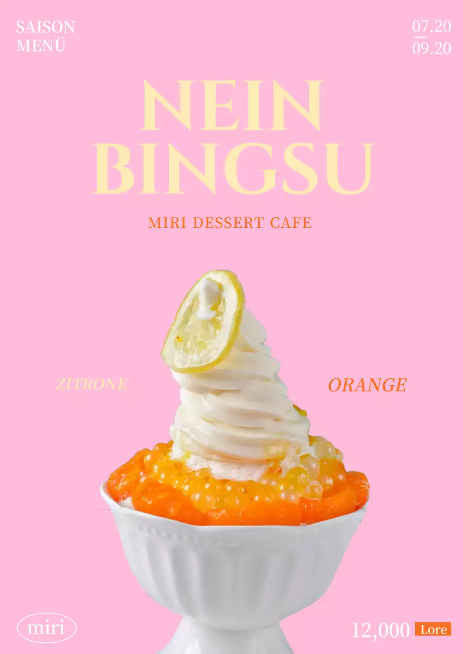 Speisekartenposter mit einem Bild von Eiscreme in der Mitte eines rosa Hintergrunds