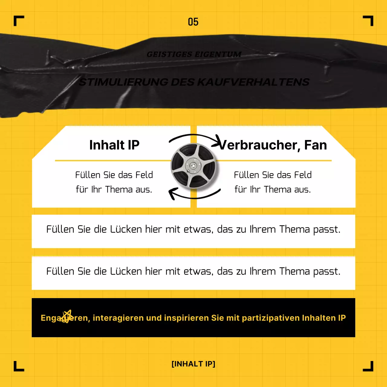 Gelbes und schwarzes Videobandkonzept IP Copyright