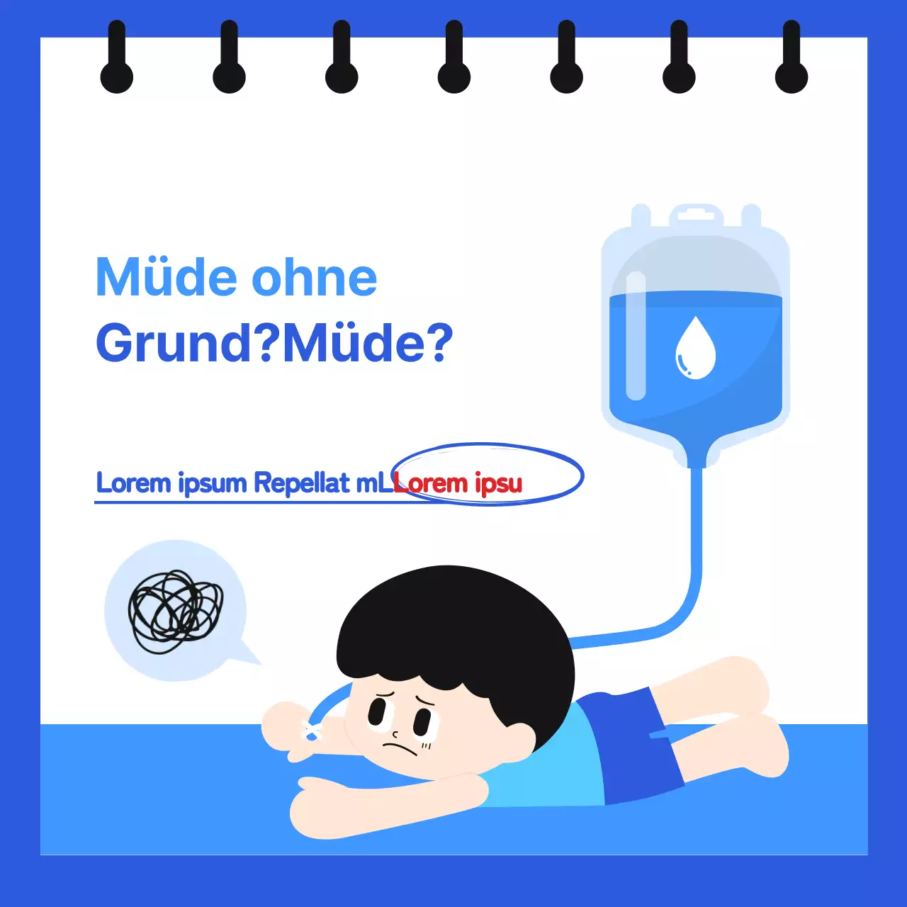 Informationen über chronische Dehydrierung in einem notizbuchartigen Format mit niedlichen, einfachen Illustrationen in Blau und Hellblau.