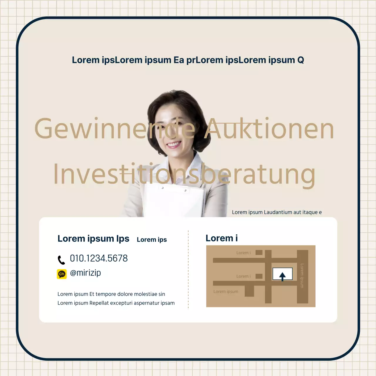 Thema der Immobilienauktion mit beigen, sauberen Illustrationen und Rahmenkombinationen