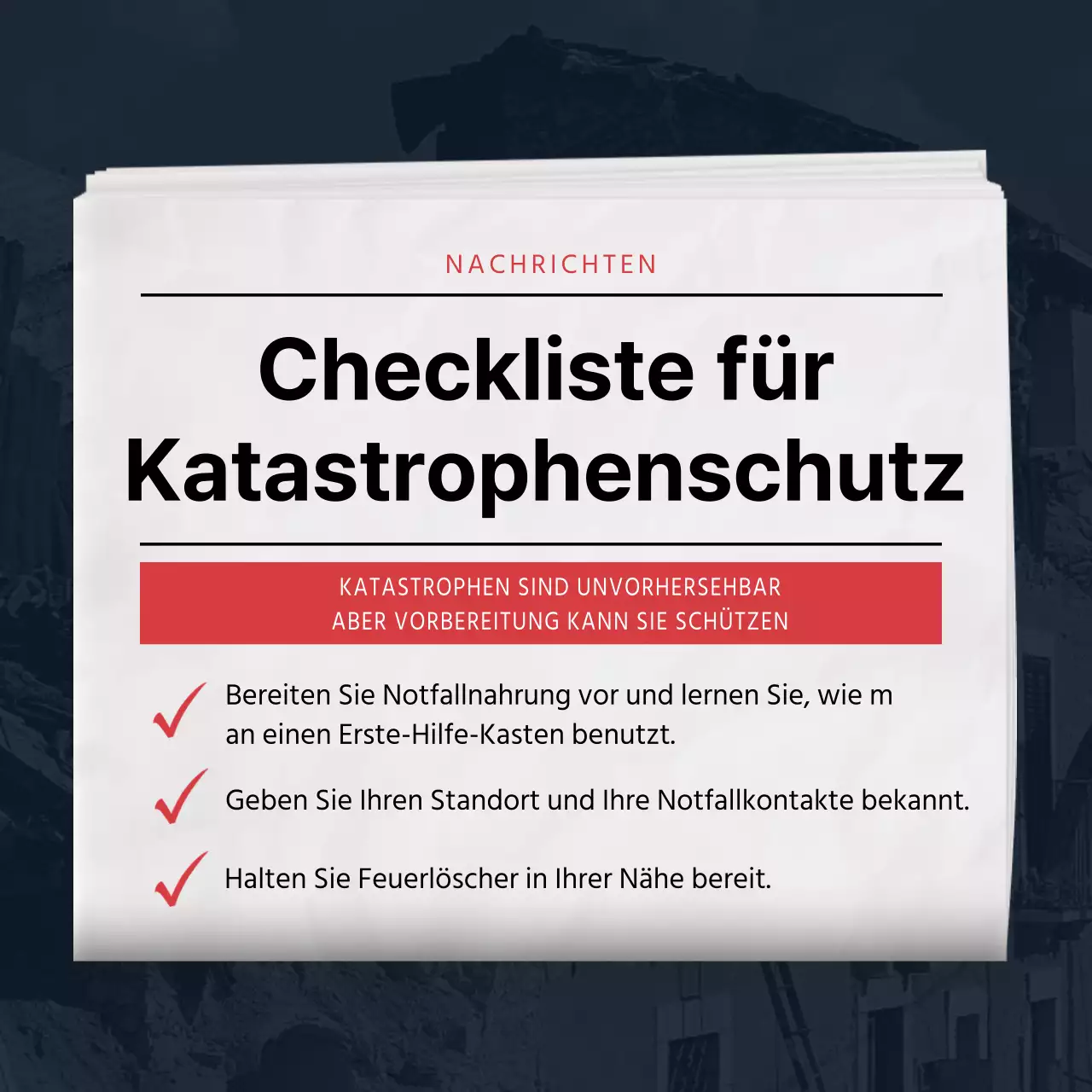 Marineblaue und rote Checkliste für den Katastrophenschutz im Zeitungsstil