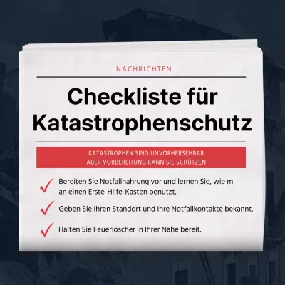 Marineblaue und rote Checkliste für den Katastrophenschutz im Zeitungsstil
