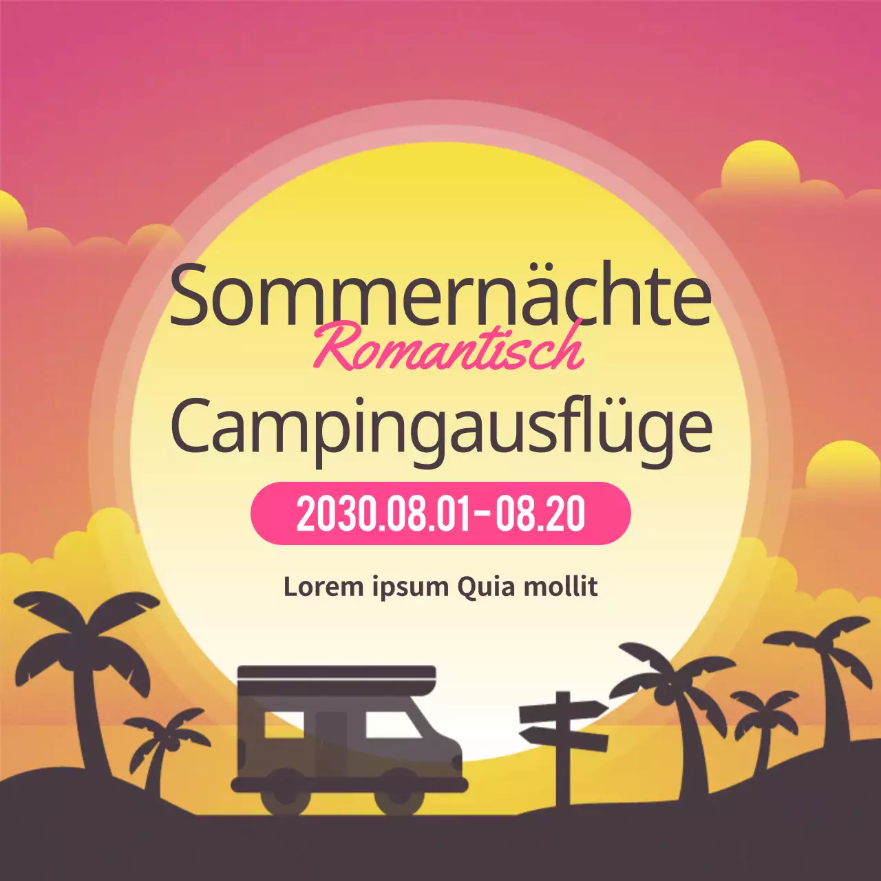 Eine einfache rosa-gelbe Ankündigung für einen Campingausflug