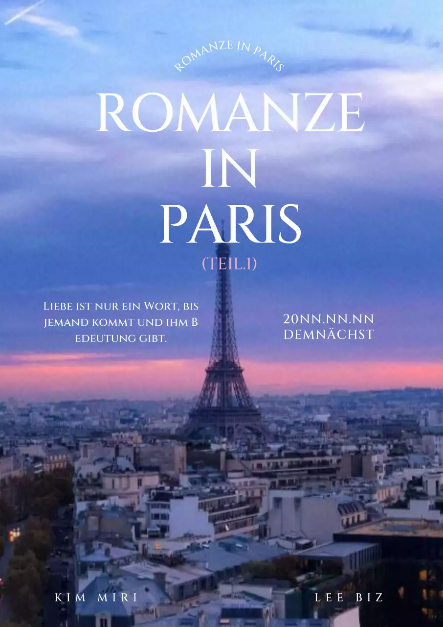 Filmplakat mit einer Liste von Buchstaben vor dem Hintergrund des Eiffelturms in Paris bei Sonnenuntergang.