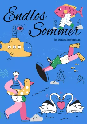 Sommerwerbung mit künstlerischen Illustrationen auf blauem Hintergrund