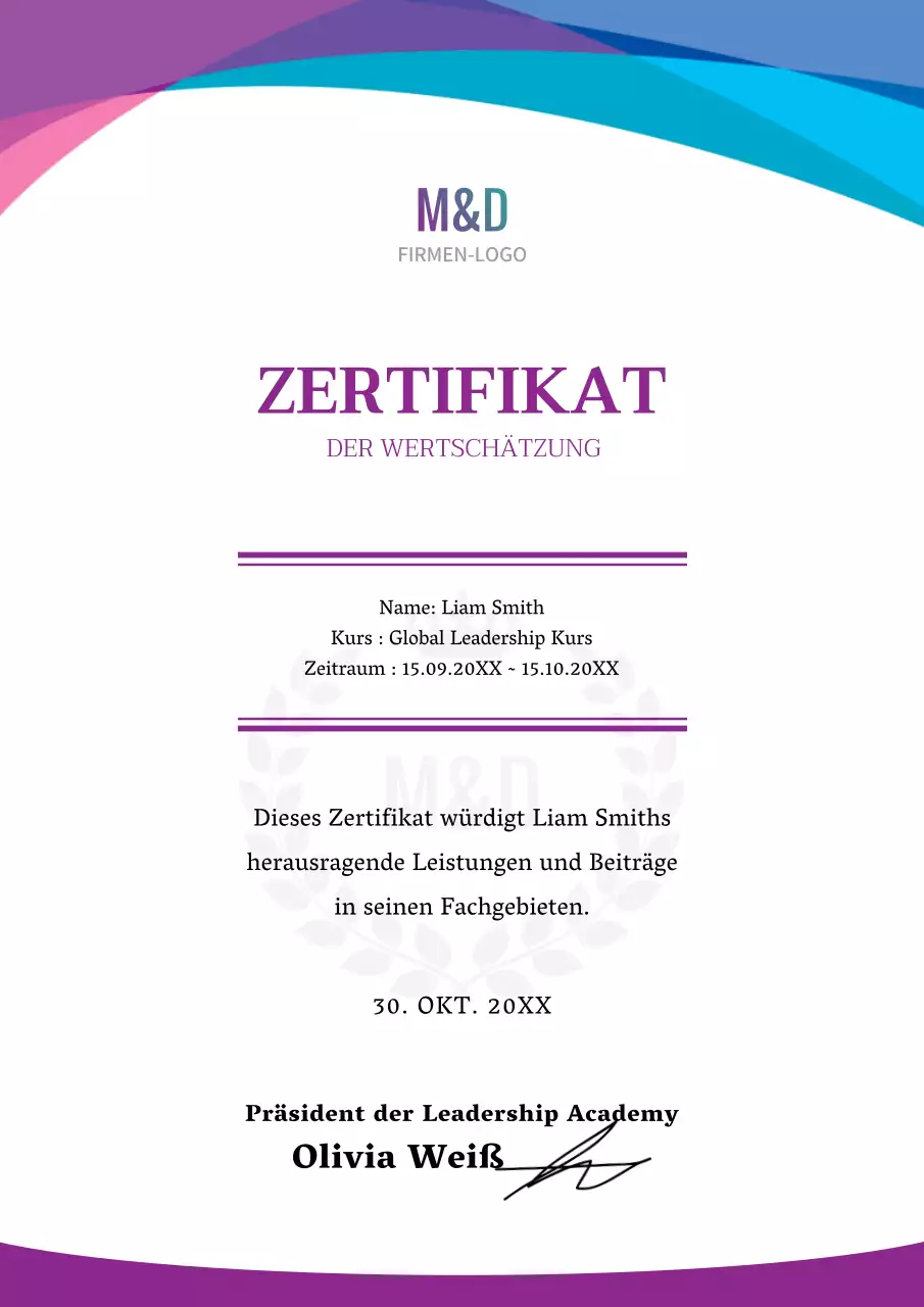 Einfaches Corporate Training Zertifikat mit blau-lila Farbverlauf