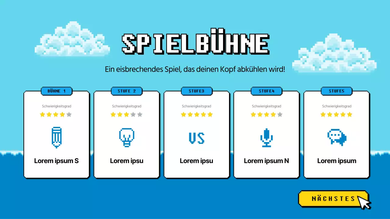 Workshop-Quizspiel mit blau-gelber Pixel-Optik