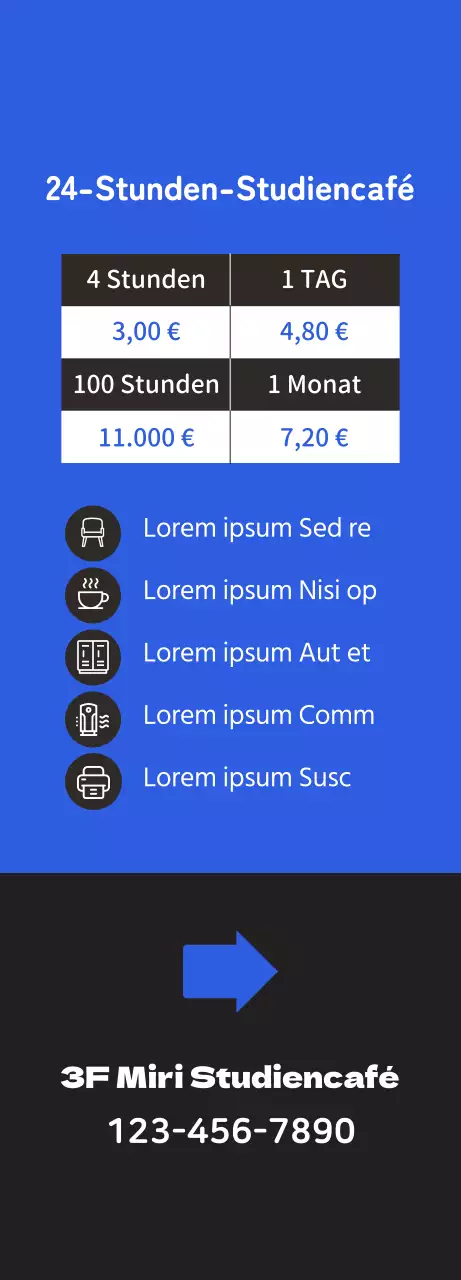 Werbung für ein sauberes Lerncafé mit einer Illustration eines Studenten, der auf blauem Hintergrund lernt