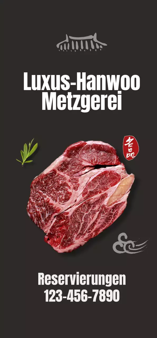 Werbung für ein sauberes, koreanisch inspiriertes Restaurant mit Bildern von koreanischem Rindfleisch auf schwarzem Hintergrund