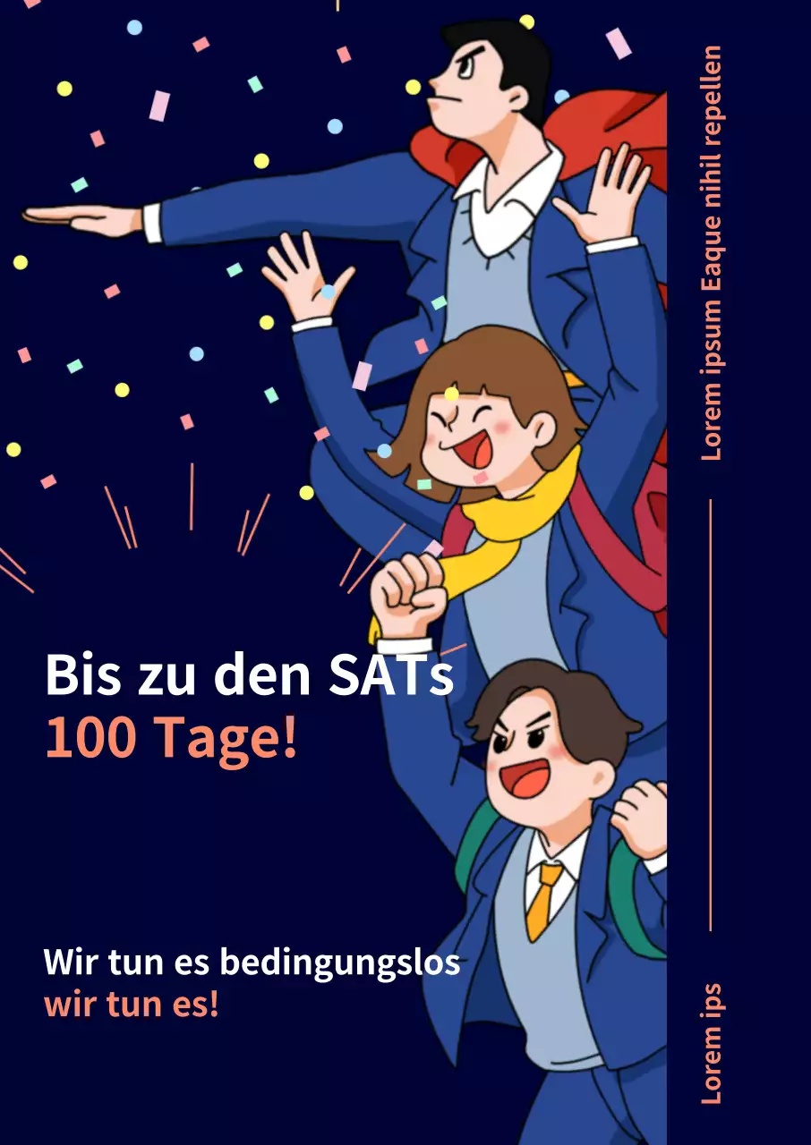 SATs Back to School Cheer Poster mit marineblauem Hintergrund mit Illustration von glücklichen Studenten