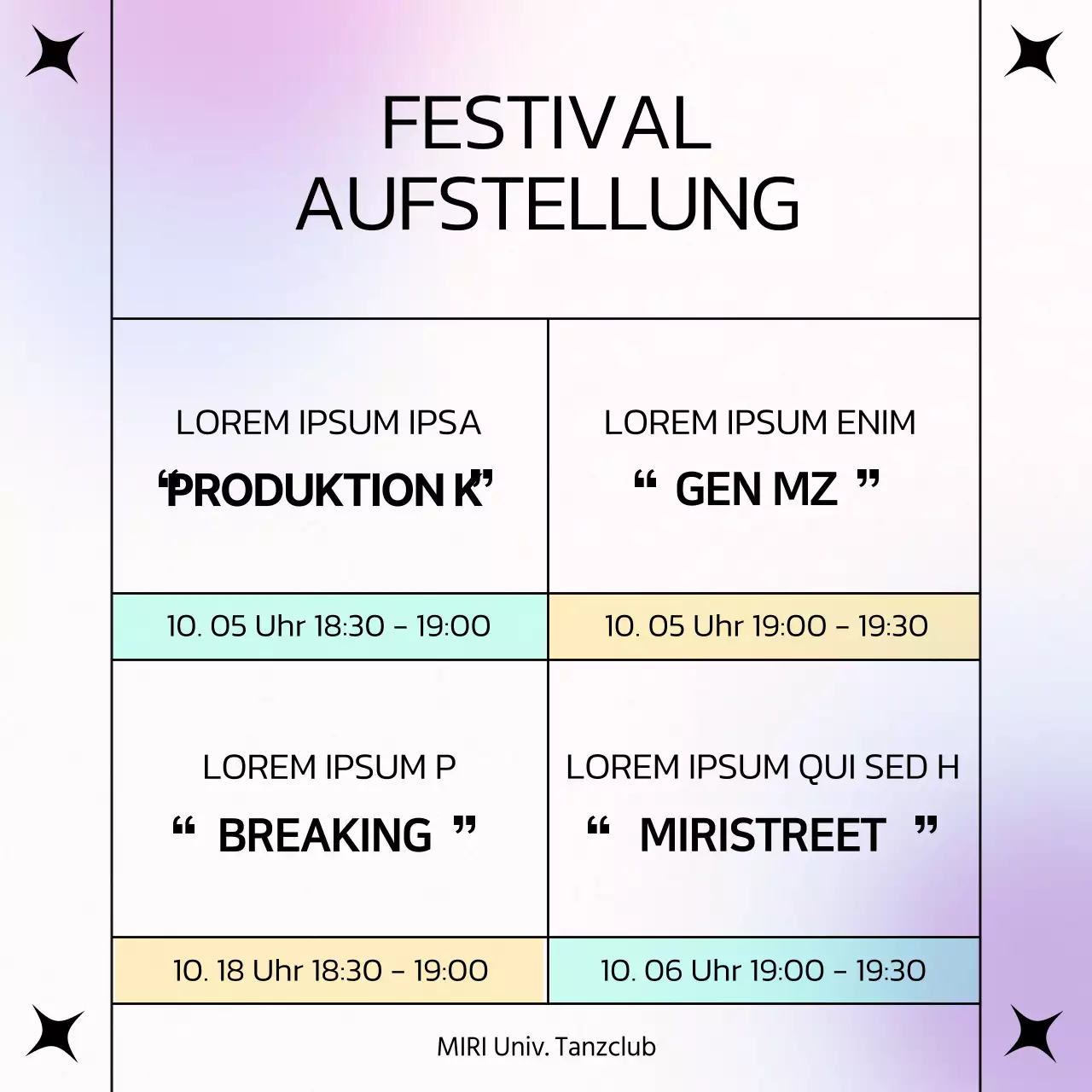 Ankündigung des Line-ups für die mint und lila Pop der Dance Club Performances