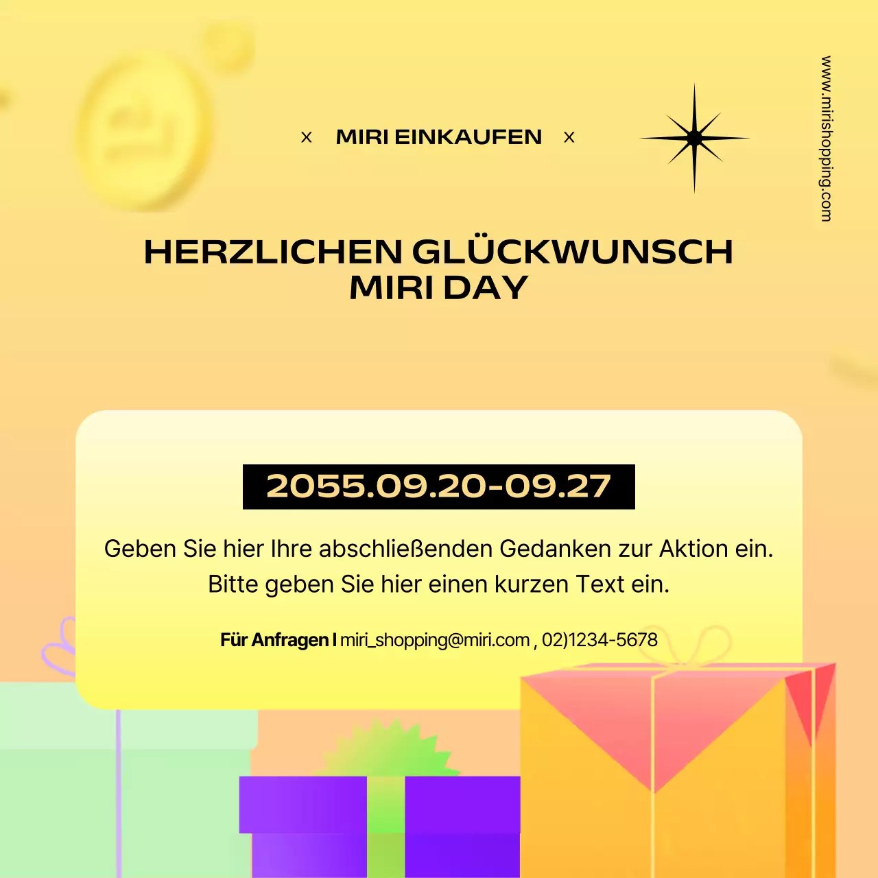 Einfache gelbe und orangefarbene Ankündigung einer Geschenkaktion