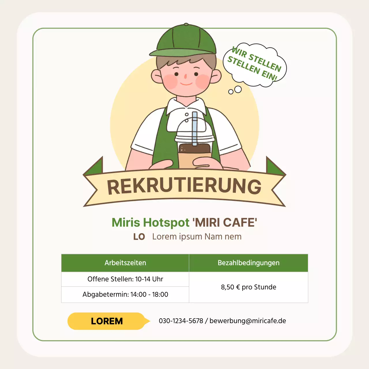 Personalanzeige für ein Café mit niedlichen Illustrationen in Beige und Grün V2