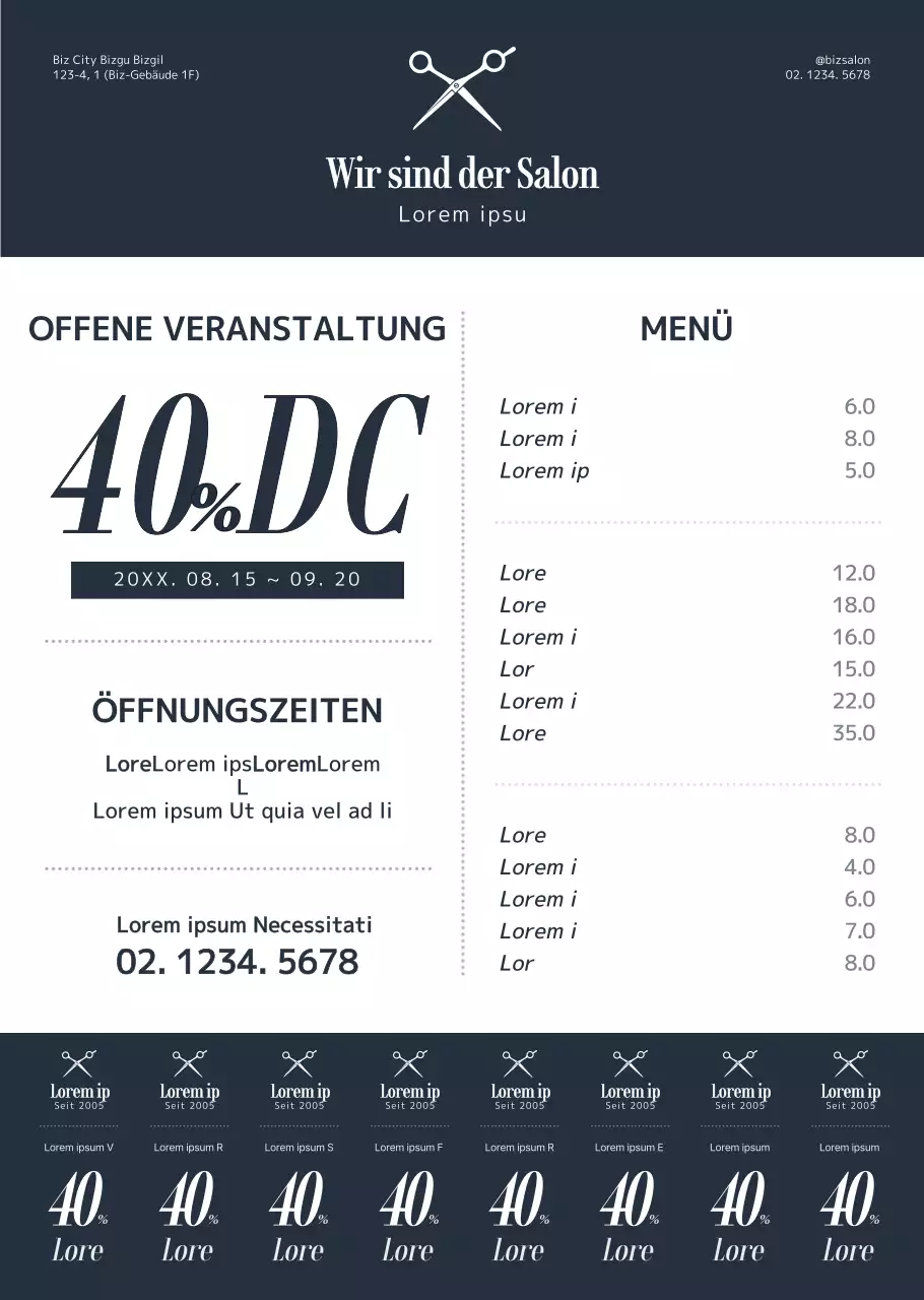 Schlichter, sauberer Stil in dunklem Marineblau und Weiß zur Information und Werbung für Ihren Schönheitssalon.