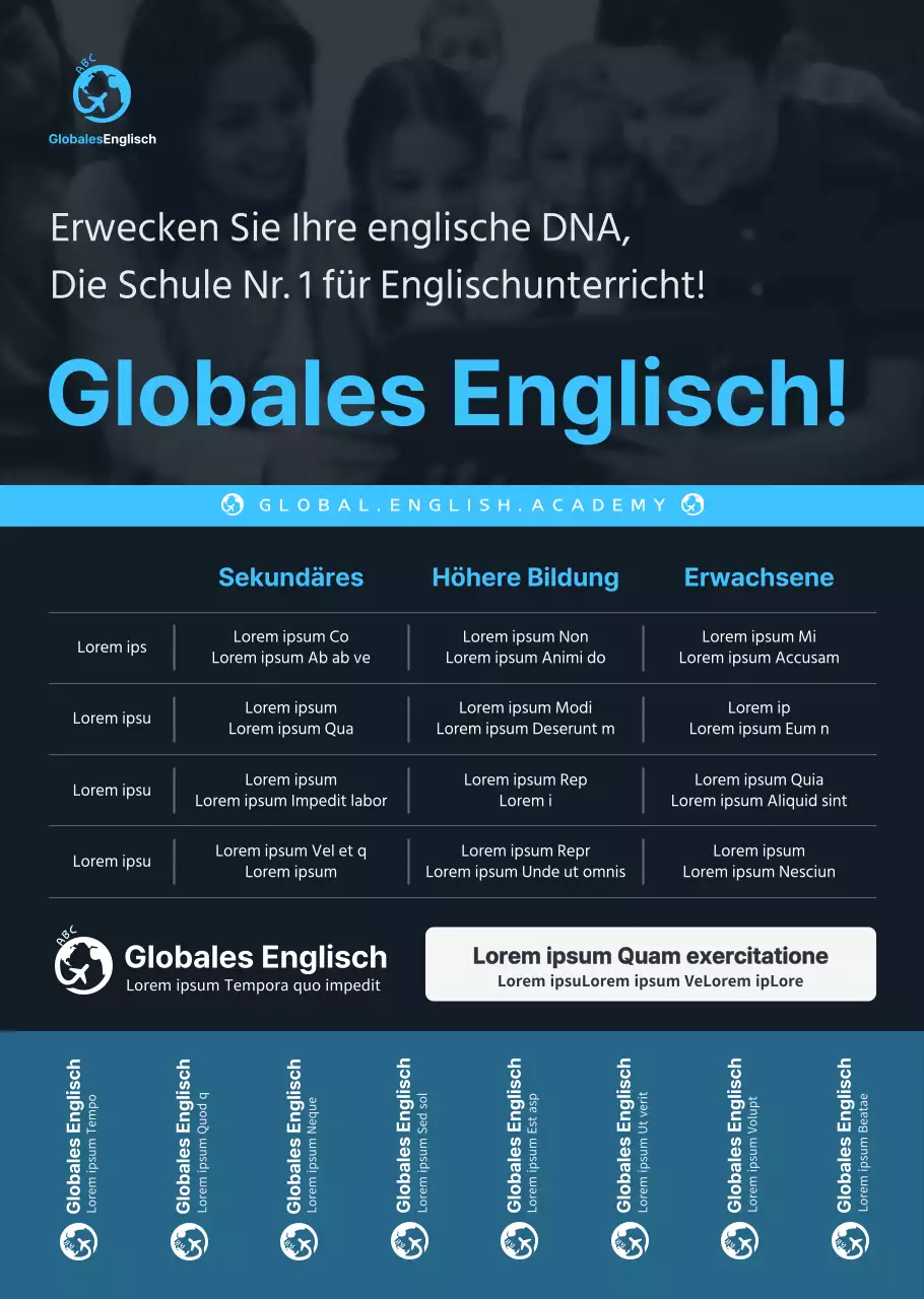 Einfacher, sauberer Stil in Blau und dunklem Marineblau für Informationen und Werbung für Englisch-Sprachschulen