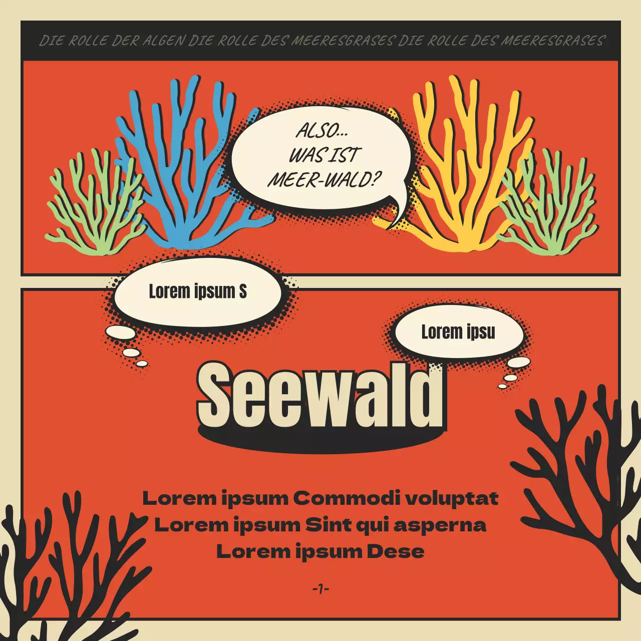 Cartoon-Konzept Meer Wald und Algen in rot und schwarz