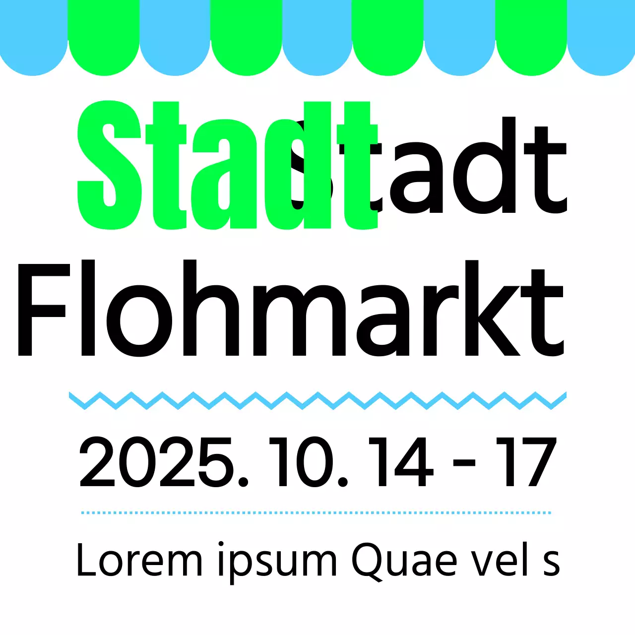 Ein Werbeschild mit einer grünen, himmelschwarzen Flohmarktankündigung und mehreren Abbildungen von Formen.