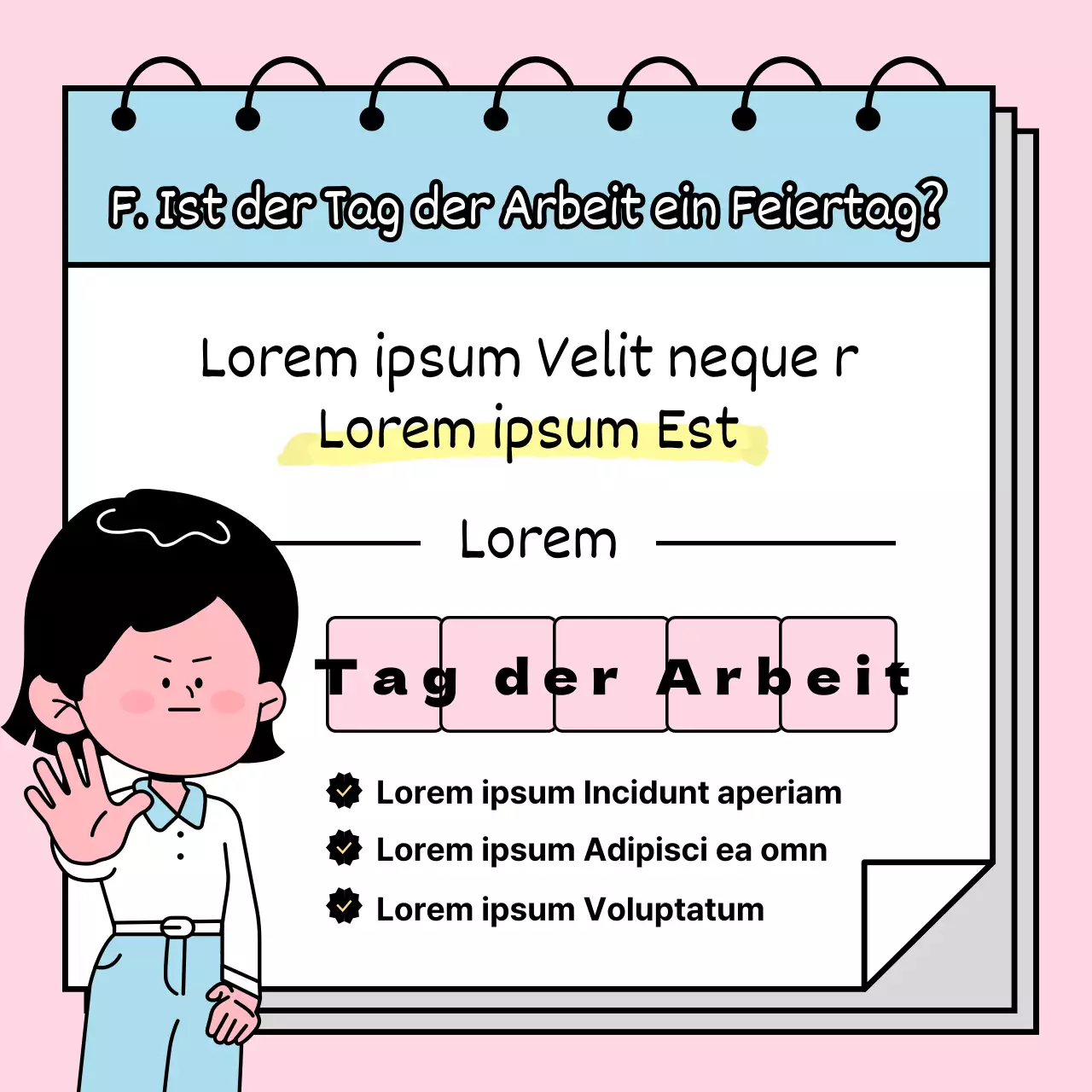 Lernen Sie mit einer pastellfarbenen, quirligen weiblichen Figur Wissenswertes über die Feiertage