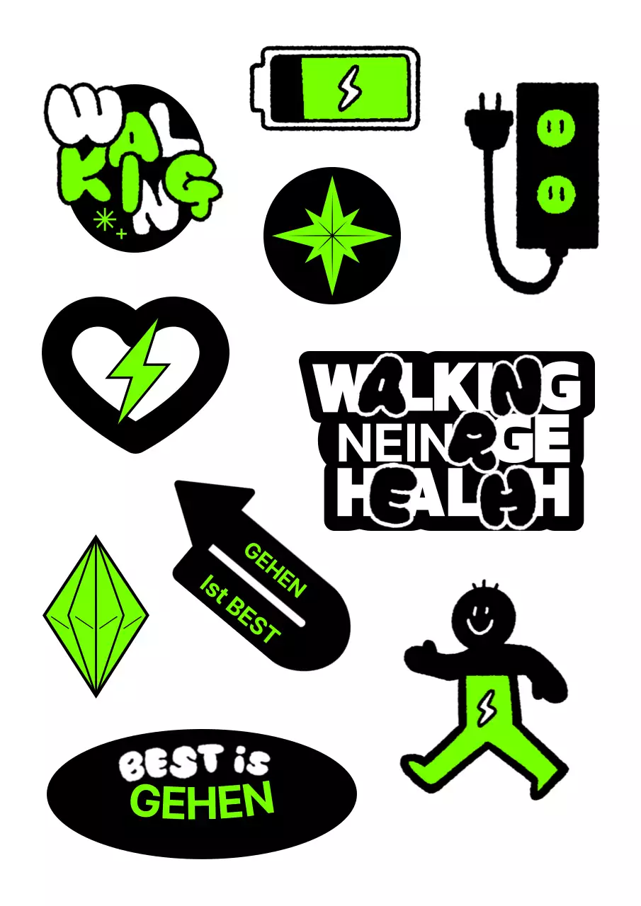 Schwarze und neongrüne, gesundheitsfördernde Merchandise-Artikel zur Wanderkampagne