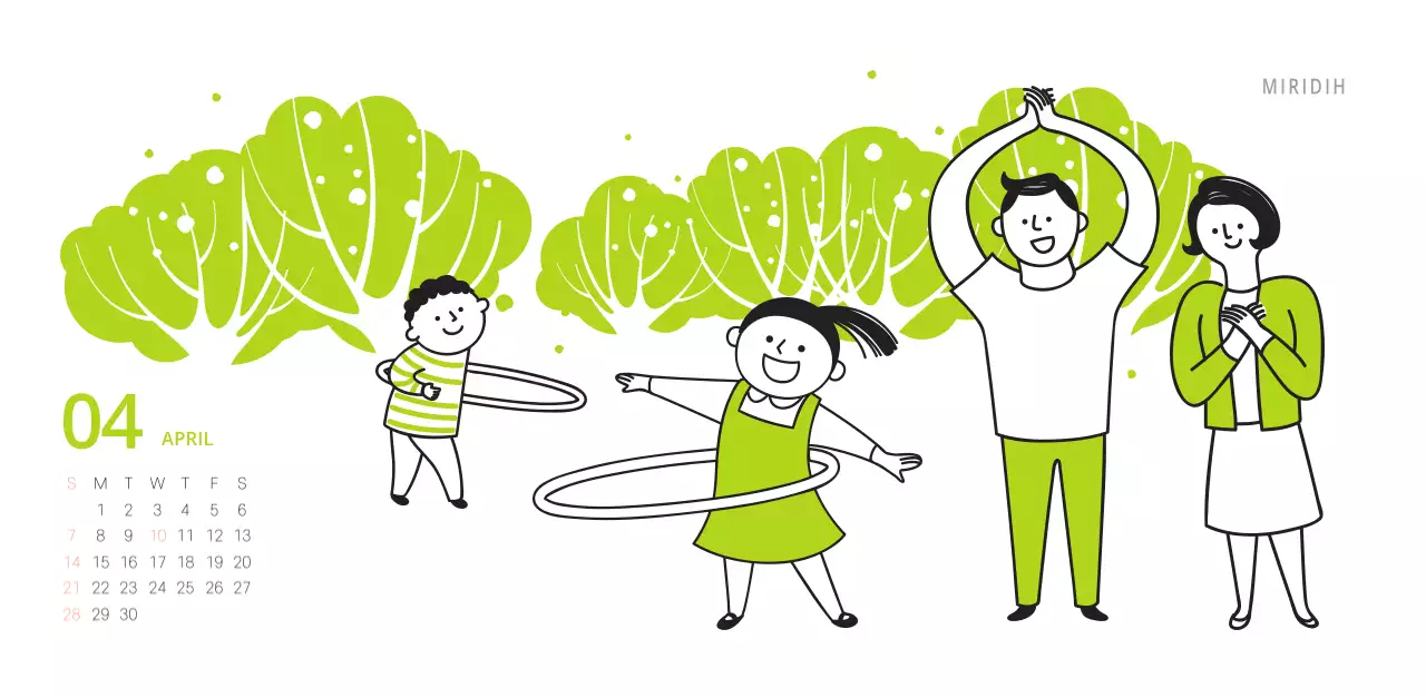 Niedlich illustrierter grüner Tischkalender mit Familienthemen