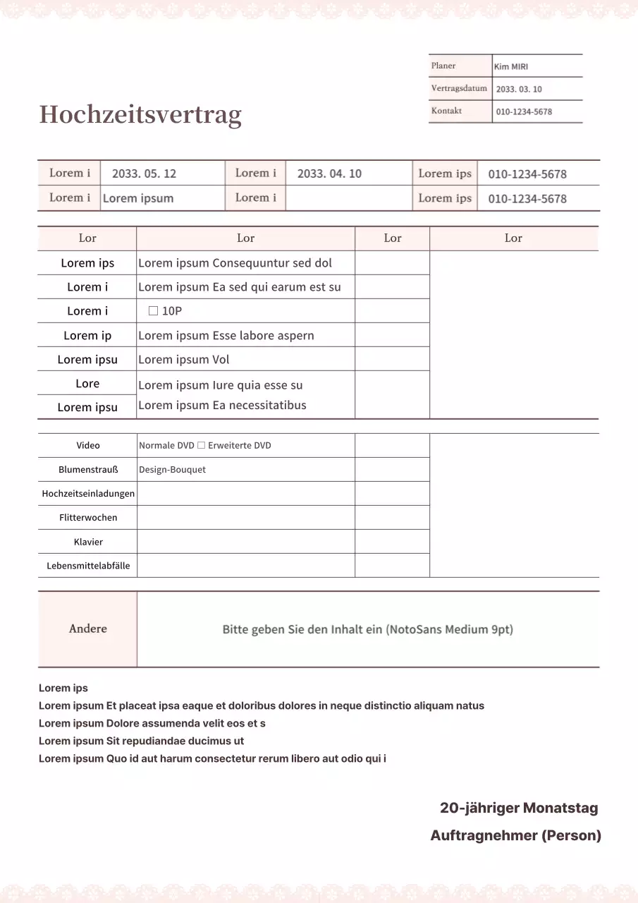 Eine einfache und lesbare Vorlage für einen Hochzeitsvertrag in Pastellfarben