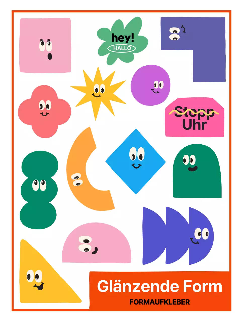 Niedlich geformte Figuren mit verschiedenen Ausdrücken in bunten Farben