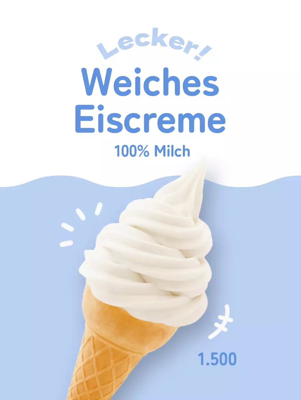 Werben Sie für eine saubere, hübsch aussehende Speisekarte mit weißem Eis auf hellblauem Hintergrund