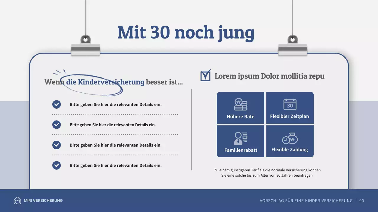 Versicherungsantrag für Kinder mit marineblauen Illustrationen