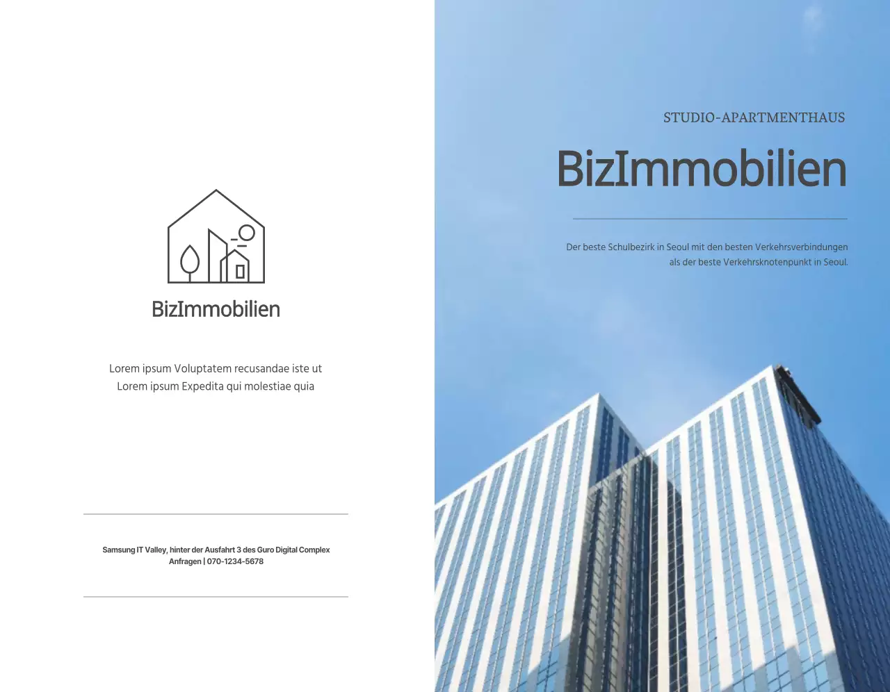 Ein einfaches Biz mit dunkelgrauem Text und Bildern, um für Immobilien zu werben.