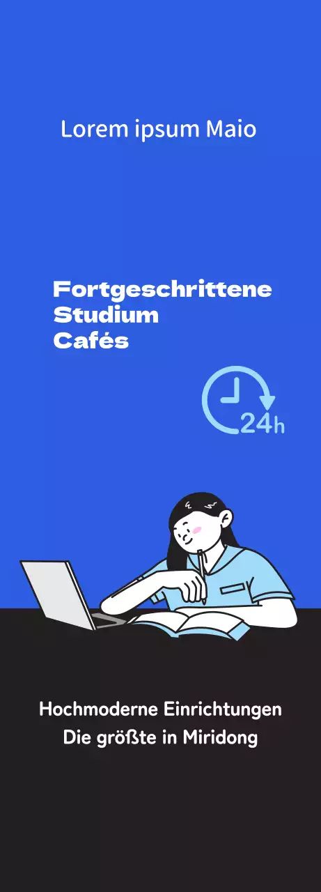 Werbung für ein sauberes Lerncafé mit einer Illustration eines Studenten, der auf blauem Hintergrund lernt