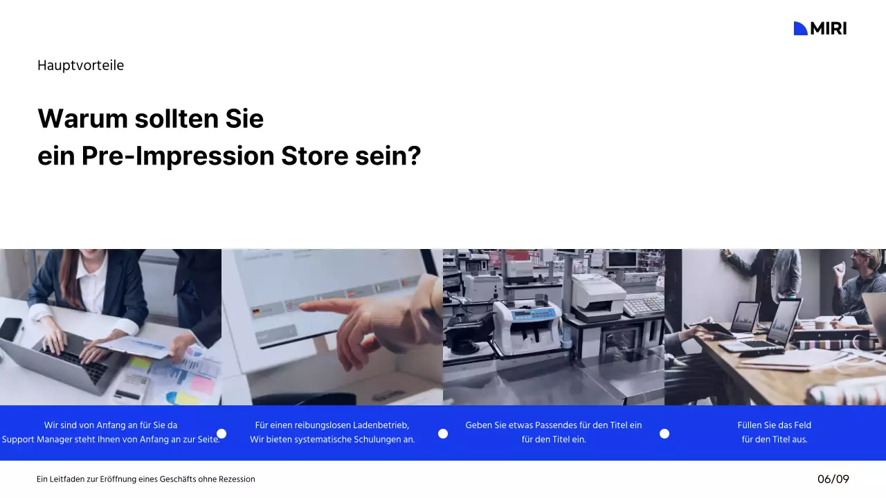 Ein Leitfaden für die Einrichtung eines Einkaufszentrums mit weißem, blauem und schwarzem Farbschema und Rasteranordnung