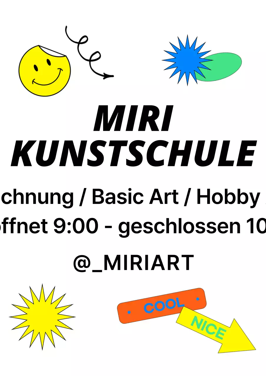 Ein Werbedesign für eine Kunstschule mit einer Vielzahl von bunten Aufklebern.
