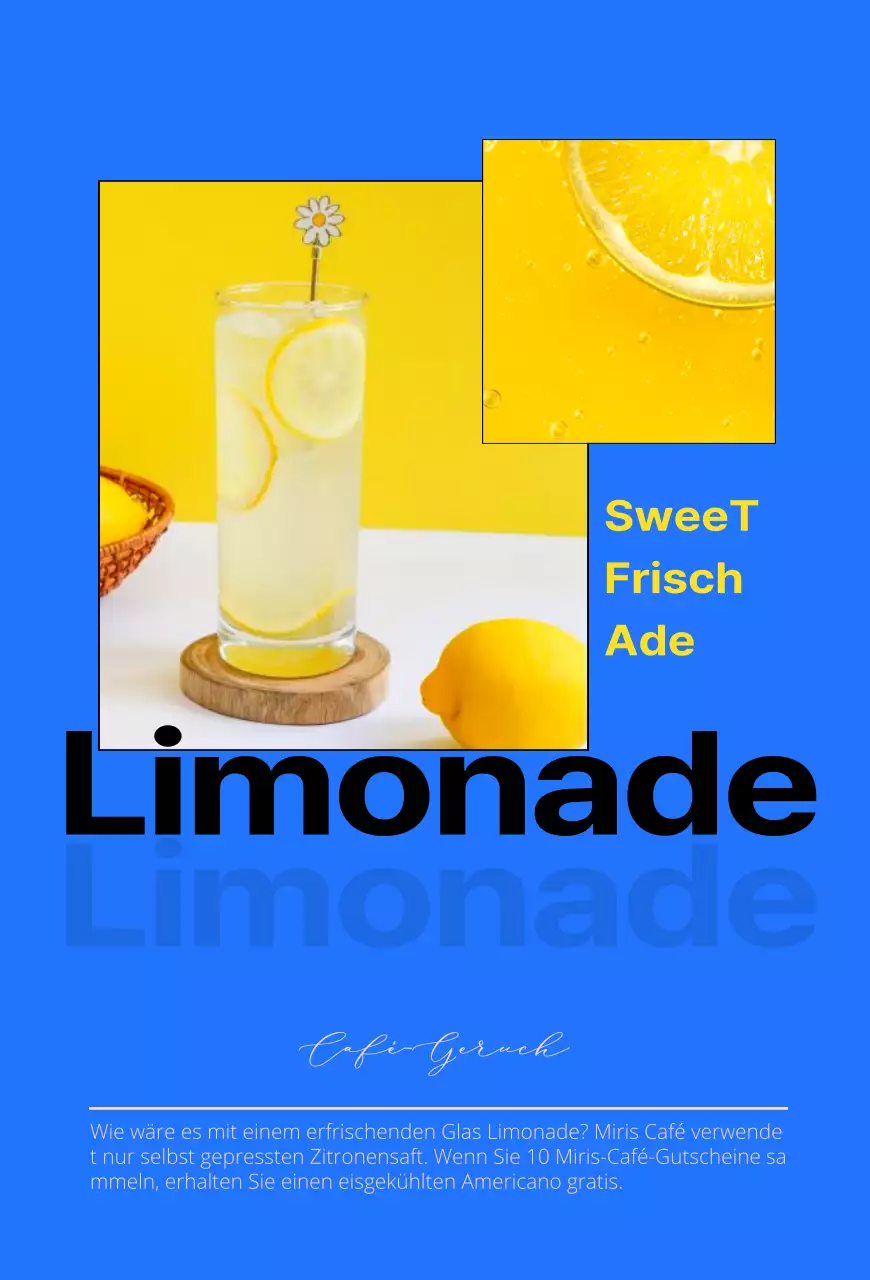 Hervorgehobener Text in Blau und Schwarz, um für ein angesagtes Konzept-Café-Getränk zu werben