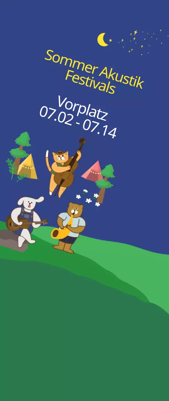 Niedlicher Illustrationsstil in dunklem Marineblau und Gelb für Informationen und Werbung für akustische Sommerfestivals