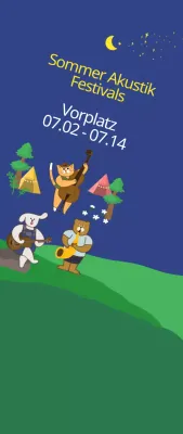 Niedlicher Illustrationsstil in dunklem Marineblau und Gelb für Informationen und Werbung für akustische Sommerfestivals