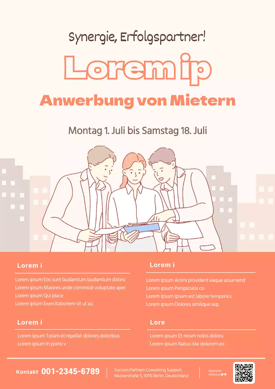 Korallenfarbenes Webposter zur Einstellung von Coworking Spaces