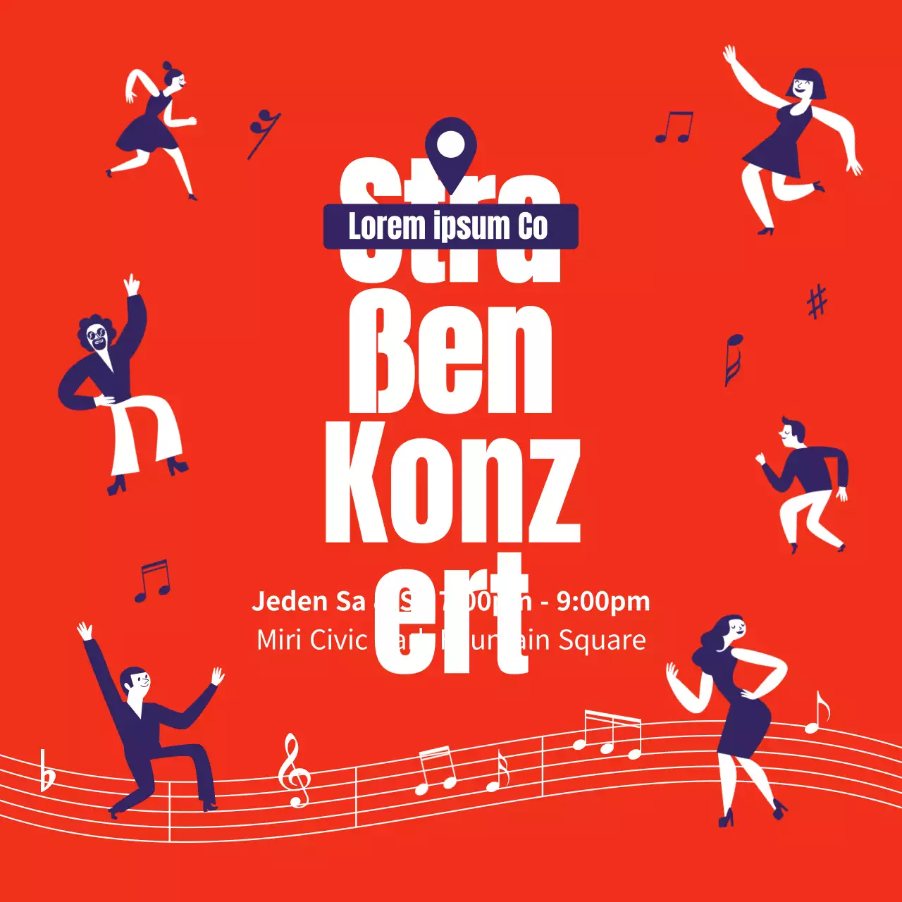 Plakat für ein Straßenkonzert in Orange- und Indigotönen