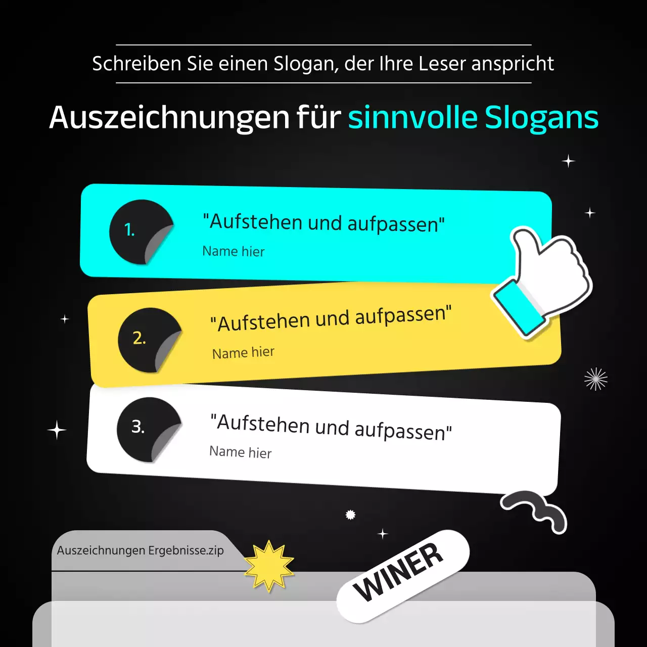 Bekanntgabe der Gewinner des Slogans in schwarz-weiß mit hellblauen und gelben Punkten CardNews