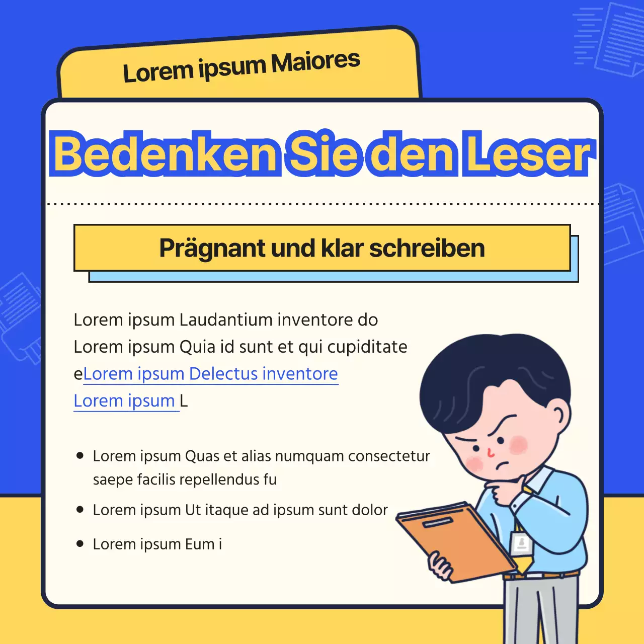 Ein einfaches blaues und gelbes Deck für die Einarbeitung neuer Mitarbeiter