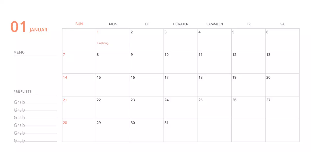 Niedlich illustrierter grüner Tischkalender mit Familienthemen