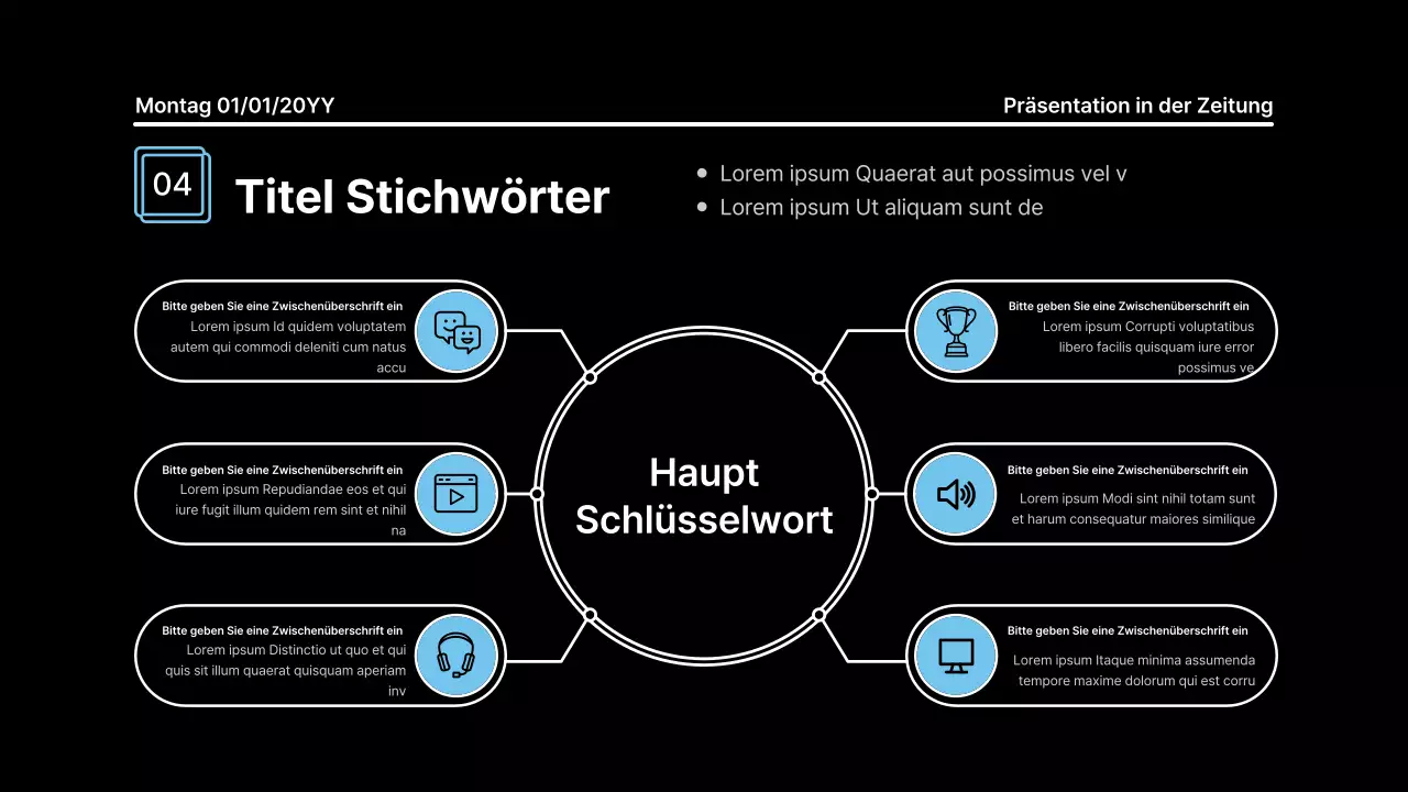 Aufmerksamkeitsstarke Präsentation mit fetten Linien in einem Zeitungskonzept auf schwarzem Hintergrund
